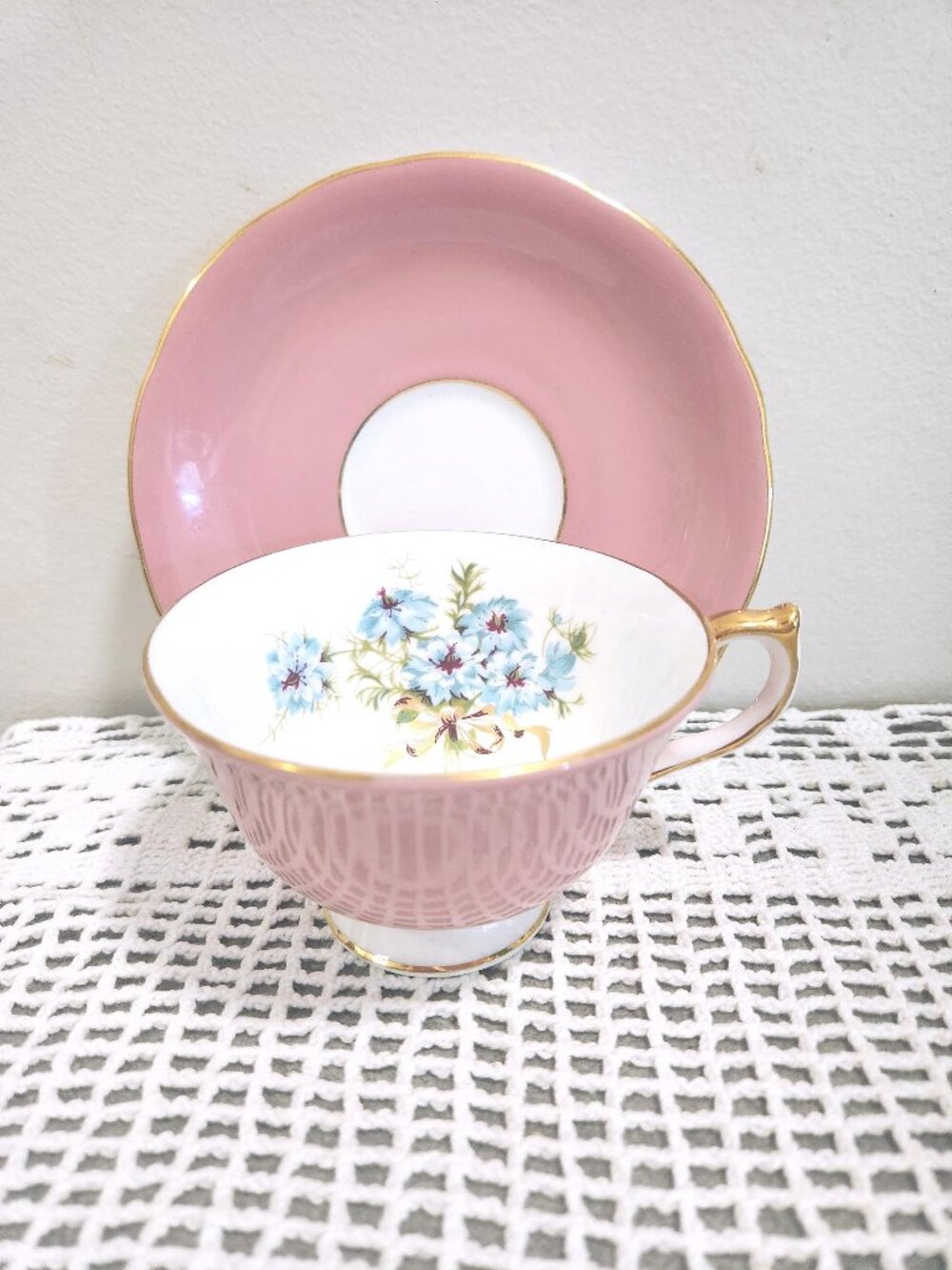 Pink Aynsley Tea Cup Saucer Blue Floral Rare China